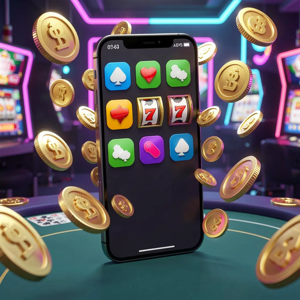 Konsep aplikasi kasino Android FJ99 yang menampilkan ponsel modern dengan ikon aplikasi, koin emas, dan simbol slot yang melayang di sekitarnya dalam suasana kasino neon, render 3D realistis