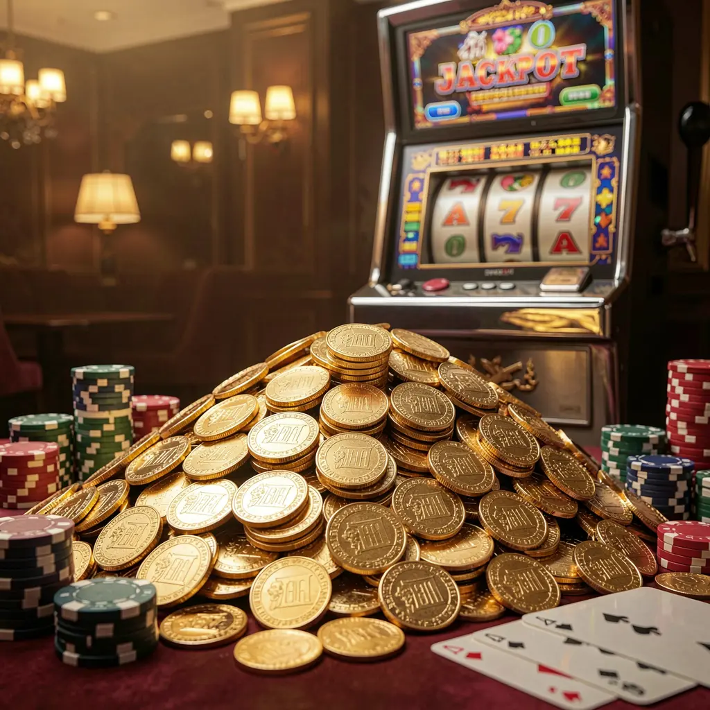 Adegan bonus jackpot FJ99 yang menampilkan tumpukan besar koin emas, mesin slot di latar belakang, keping poker, dan kartu remi yang diterangi pencahayaan mewah sinematik