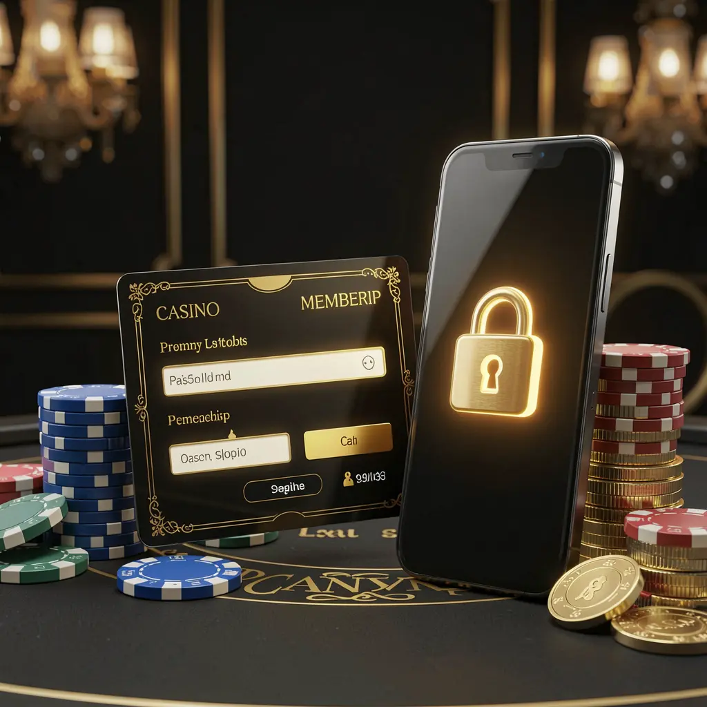 Konsep login anggota kasino FJ99 yang menampilkan kartu keanggotaan premium di samping ponsel pintar dengan simbol gembok bercahaya, dikelilingi oleh keping poker dan koin pada latar belakang mewah hitam dan emas