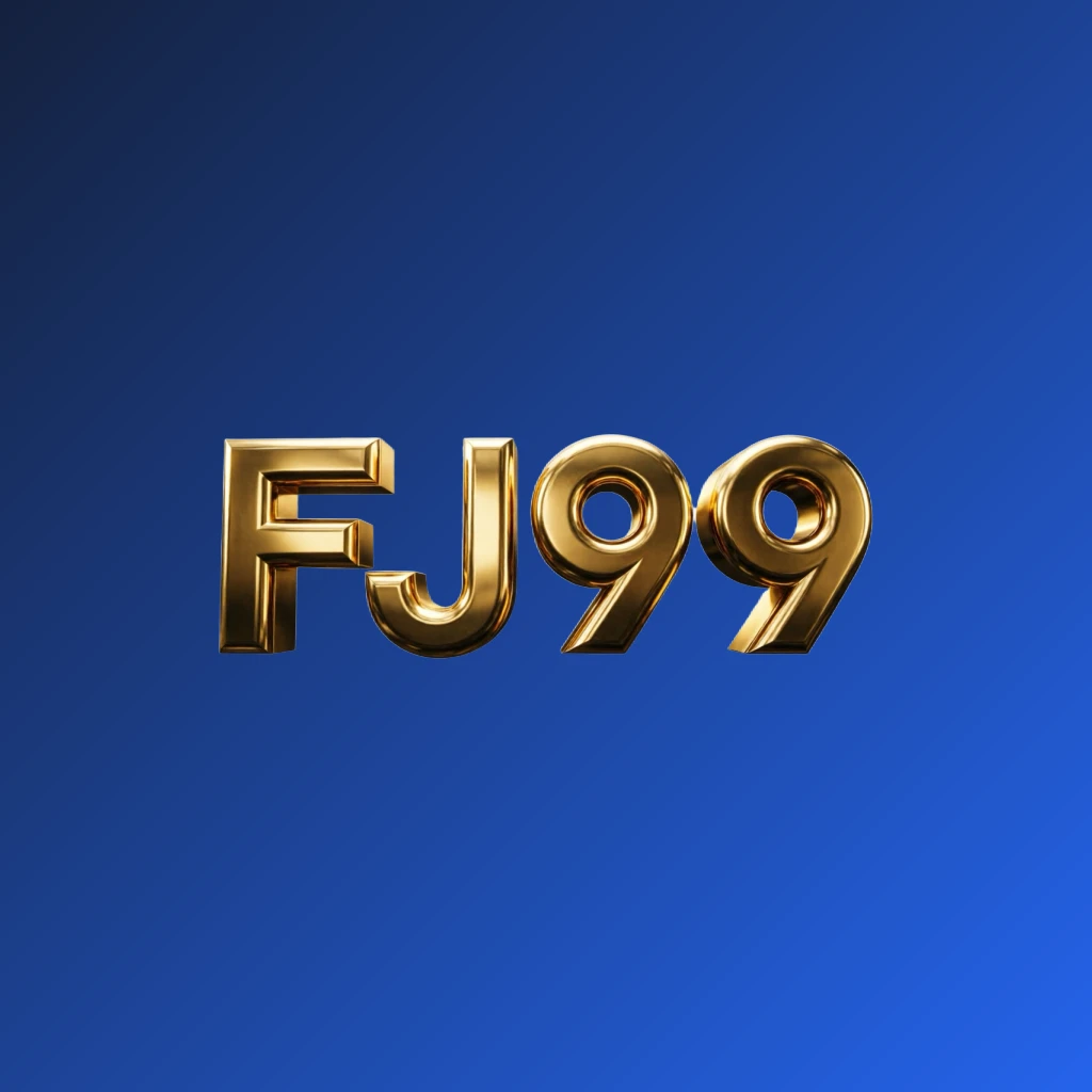 Logo FJ99 metalik 3D dengan huruf emas mengilap dan pencahayaan dramatis, merek kasino premium pada latar belakang transparan, dirancang sebagai tanda kata persegi panjang horizontal untuk header situs web